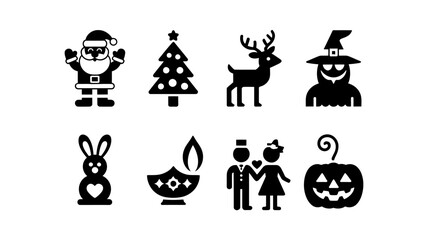 Obraz premium Vector art of a festive collection of holiday icons, including santa, a christmas tree, a deer, a witch, a rabbit, and a pumpkin isolated on white background