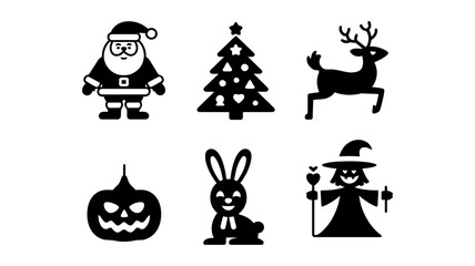 Vector art of a set of festive holiday icons featuring santa, a christmas tree, a deer, a witch, a rabbit, and a pumpkin isolated on white background