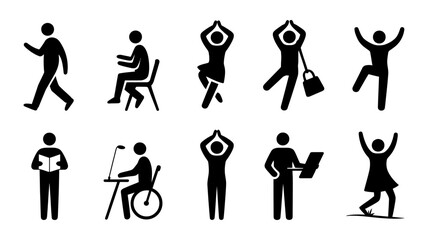 Vector art of a diverse collection of silhouette figures in various activities, including yoga, using a wheelchair, and working on a laptop isolated on white background
