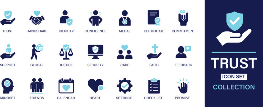 Trust icon set collection. Handshake, identity, confidence, medal, certificate, commitment, support, global, justice, security, care and best solid icon set.