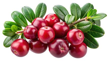 Close up of fresh red cranberries with green leaves on a branch