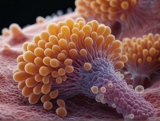 Collinsella bacteria, photonic crystal-like, attaching to villi. Biofilm EPS glow, mucus refraction. Microbiology, anaerobe, actinobacteria, probiotic, intestinal microbiota.