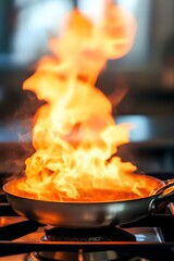 Fiery Flames Engulfing a Metal Frying Pan on a Stove