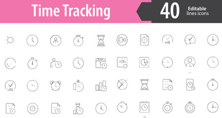 Time Tracking Line Icons, Clock, Timesheet, Stopwatch, Work Hours, Productivity Timer, Editable Formats: AI, EPS, PNG, Ideal for Both UI and Print Media Use
