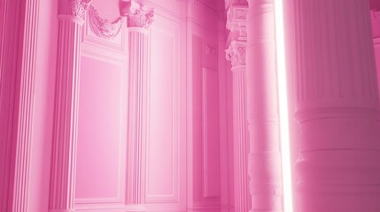Pink-toned interior with columns and neon light