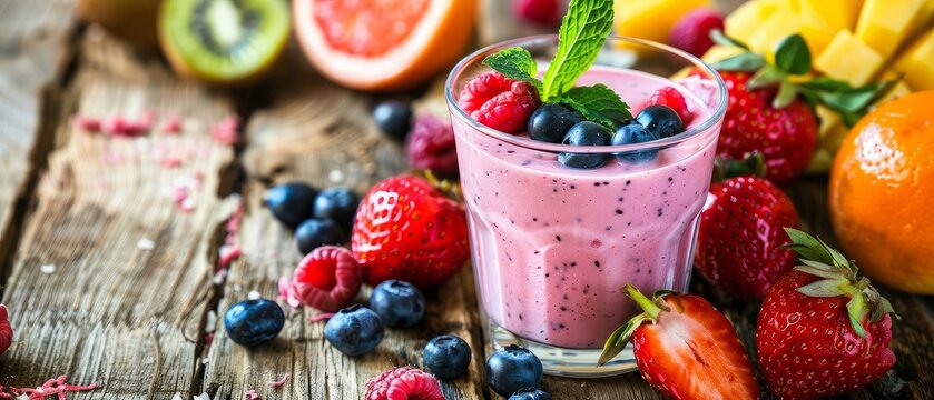Fresh fruit yoghurt and mix fruit for healthy and dieting. Health care people with smoothie drink of on the wood background