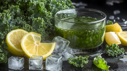 Green Kale and Lemon Juice Ice Cubes Dark Background