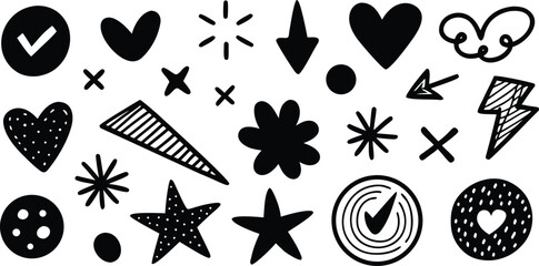 Collection of Hand Drawn Doodle Elements in Black Red Green and Blue on Transparent Background