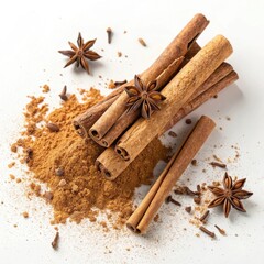 Cinnamon sticks star anise and cloves scattered with cinnamon powder isolated on white background
