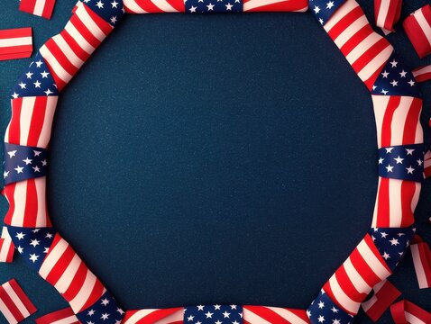 A circular frame made of small American flags surrounds a textured dark blue background, symbolizing patriotism and national pride.