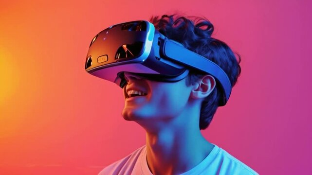 Young man playing a virtual reality video game. an in VR glasses.