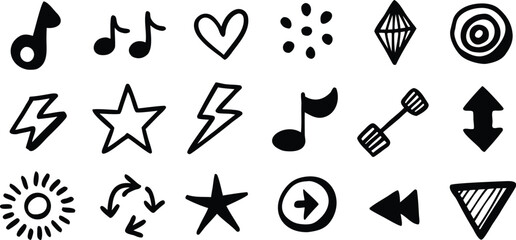 Obraz premium Hand Drawn Doodle Icon Collection with Black Red Green Blue Yellow Elements on Transparent Background