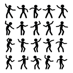 Fototapeta premium Stick figures dancing show various poses, simple black silhouettes