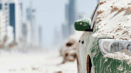 Dusty Car Skyline: Urban Adventure and Offroad Explorations in a Metropolis Cityscape