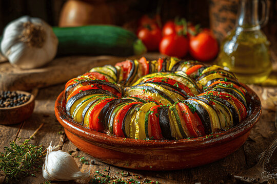Rustic Provençal vegetable tian with colorful layered garden produce
