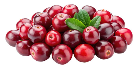 Pile of Bright Red Cranberries with Fresh Green Leaves Isolated on White