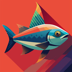 Fototapeta premium Colorful stylized fish illustration in a vibrant orange background. Dynamic pose with bold colors and graphic design elements. Generic illustration. Use for any purpose