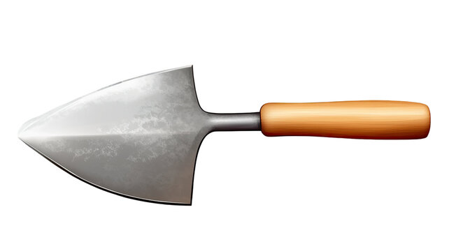 A trowel with a handle and a flat triangular metal blade for gardening or masonry on white background