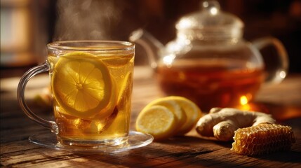 The steaming cup of honey lemon ginger tea on a rustic wooden table.