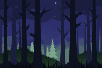 nighttime forest with tall silhouetted trunks