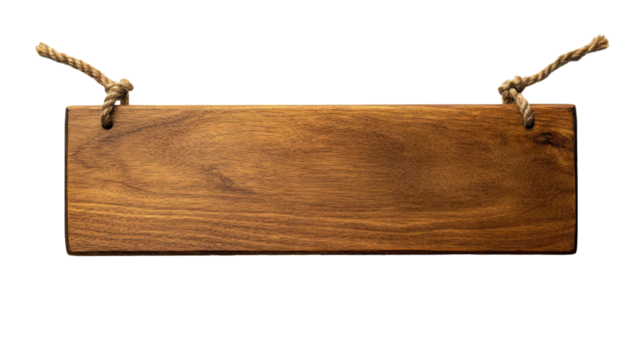 A polished wooden signboard with rope hanger for rustic decoration on white background
