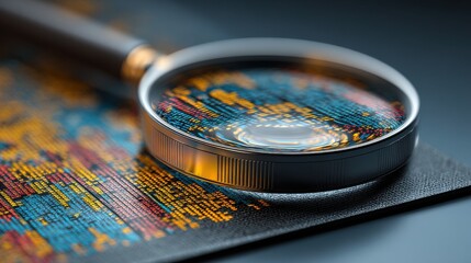 Digital scale balancing diverse data points under magnifying glass on gradient background

