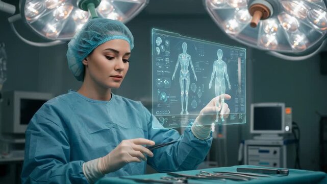 Surgeon using augmented reality technology with virtual screen showing human anatomy, surgeon is focused in operating room. Augmented reality technology empowers medical professionals. - Powered by Adobe