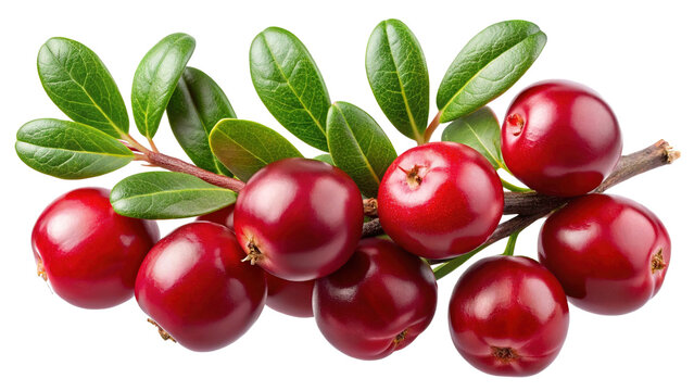 Closeup shot of fresh cranberries on the branch with leaves on white