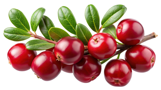 Closeup shot of fresh cranberries on the branch with leaves on white