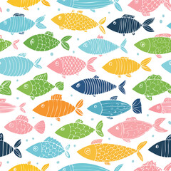 Fototapeta premium Seamless Vector Set of Colorful Fish Doodles – Hand-Drawn Underwater and Ocean Life Pattern