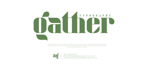 Gather Typography Beauty Fashion Elegant Minimalist Serif Font Uppercase Lowercase and Number. decorative wedding vintage retro logos. Minimal luxury font alphabet logo. Vector illustration
