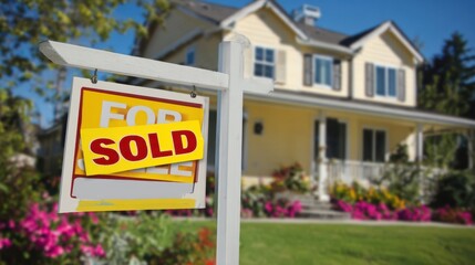 Obraz premium The Sold Sign Indicating Successful Home Sale in a Beautiful Neighborhood.