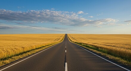 Fototapeta premium Long Empty Road Cutting Through Golden Wheat Fields Under Bright Blue Sky
