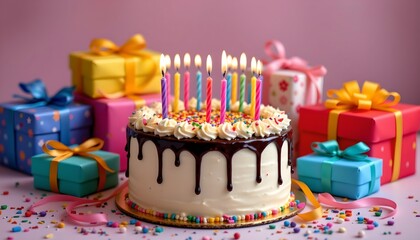 a vibrant birthday celebration scene. at the center of the scene is a white cake adorned with colorful sprinkles and two candles, one larger than the other