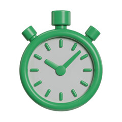 Green 3 D rendered stopwatch with white dial and green hands on a white background