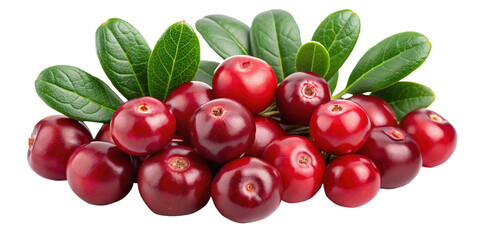 Fresh, vibrant cranberries with lush green leaves isolated against a white background