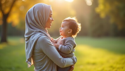 A mother in a soft hijab holds her smiling baby in a sunlit park, sharing a peaceful, warm moment.