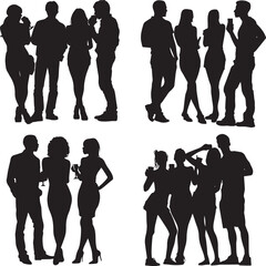 Silhouettes of young people socializing, having fun, and enjoying drinks together, perfect for representing friendship, celebration, and social gatherings