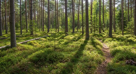 Fototapeta premium Lush Green Forest with Tall Trees Sunlight Filtering Through Dense Canopy Nature Scene