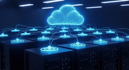 Digital cloud computing network connecting servers with glowing blue connections in a futuristic data center