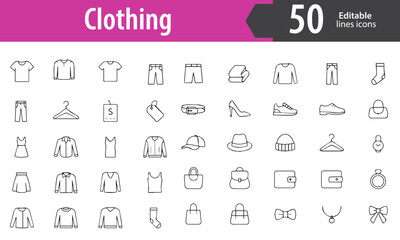 Clothing Line Icons, T-Shirt, Jacket, Pants, Dress, Hanger, Editable Formats: AI, EPS, PNG, Ideal for Both UI and Print Media Use

