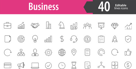 Business Line Icons, Briefcase, Strategy, Growth Chart, Office, Global Market, Editable Formats: AI, EPS, PNG, Ideal for Both UI and Print Media Use
