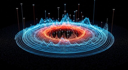 Abstract 3d data visualization with glowing particles forming a circular wave pattern and rising data points
