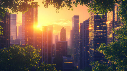 Urban sunrise with skyscrapers and green foliage in city landscape