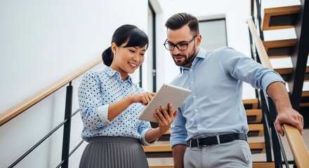 Diverse colleagues collaborate on a tablet while standing on a modern staircase in an office setting