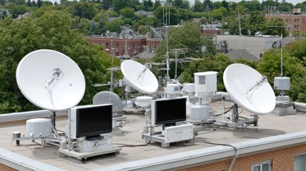 Satellite dishes on rooftop in a city showcasing advanced communication technology during a clear day with a blue sky