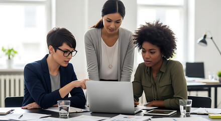 Three Businesswomen Collaborate at a Laptop Reviewing Documents in a Modern Office Setting