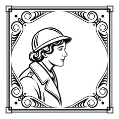 Vintage Art of a Woman in Military Uniform with Decorative Frame