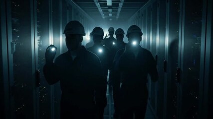 Tech Engineers: Silhouette of technicians venturing into a server room tunnel, illuminated by flashlights, embodying technology and infrastructure. - Powered by Adobe