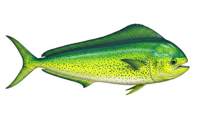Vibrant green and yellow mahi mahi fish swimming isolated on transparent background
